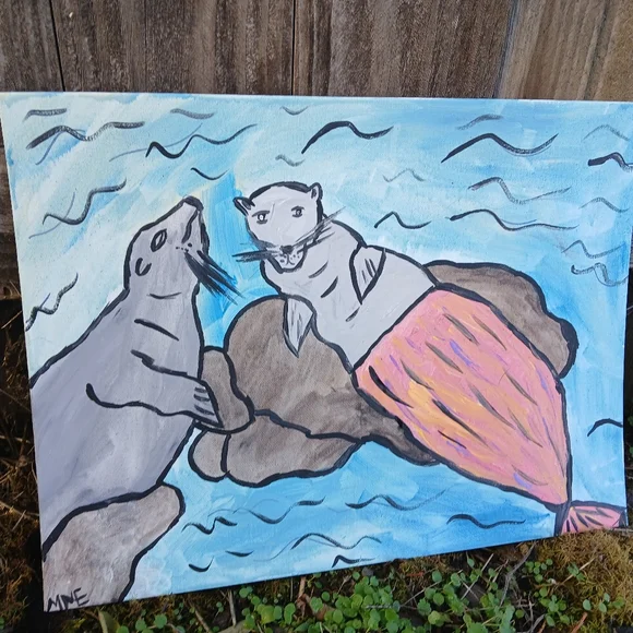 Sea Lions Mermaid Painting Folk Art - Picture 9 of 14